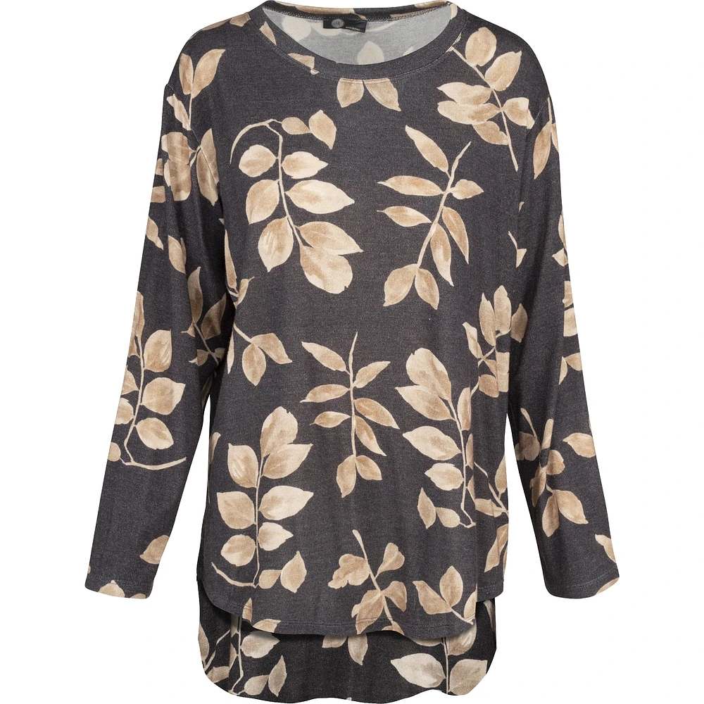 Crew-Neck Long Sleeve Printed Tunic With Side Slits — Black Branches