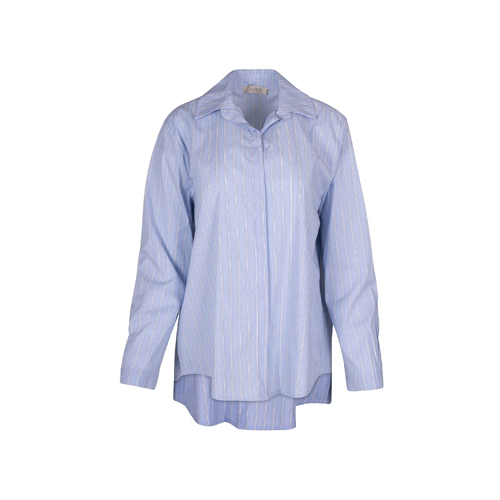 Astrid — Chemise boutonnée tissée pour femme Rayures bleu marine