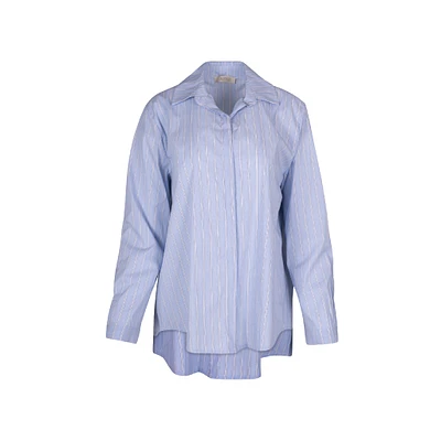 Astrid — Women's Woven Button-Up Shirt Navy Stripe
