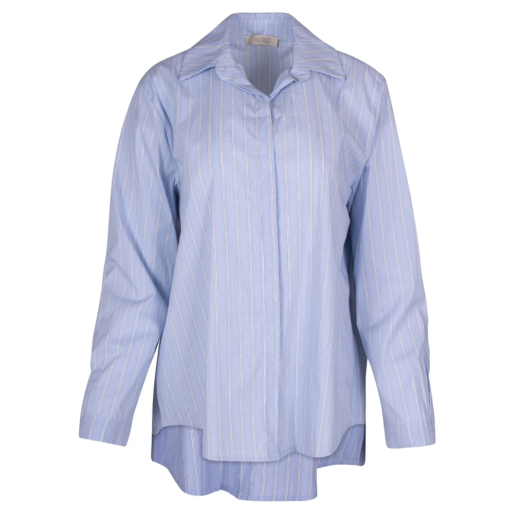 Astrid — Women's Woven Button-Up Shirt Navy Stripe