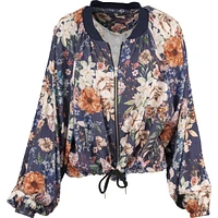 Printed Bomber Jacket With Gathered Collar Detailing — Medieval Blue Wild Blooms