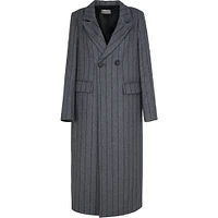 Astrid – Women's Long Woven Coat Grey Pin-Stripe