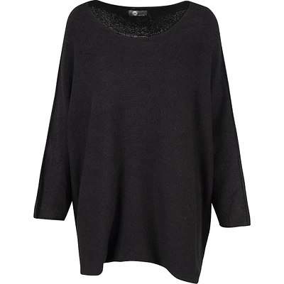 Wide-Neck Tunic Length Knit Sweater With 3/4 Sleeves