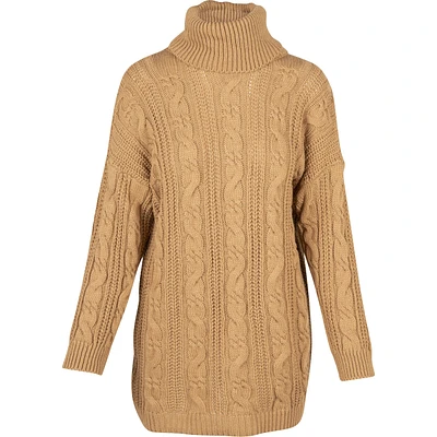 Cable-Knit Tunic Length Sweater With Turtle-Neck Collar