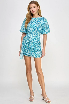 Blue Floral Puff Sleeve Dress
