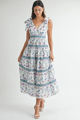 White Floral Tiered Midi Dress