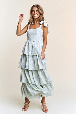 Blue Floral Tiered Maxi Dress