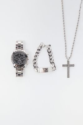 Zoo York Mens Watch & Chain With Cross Set - Silver / O/S