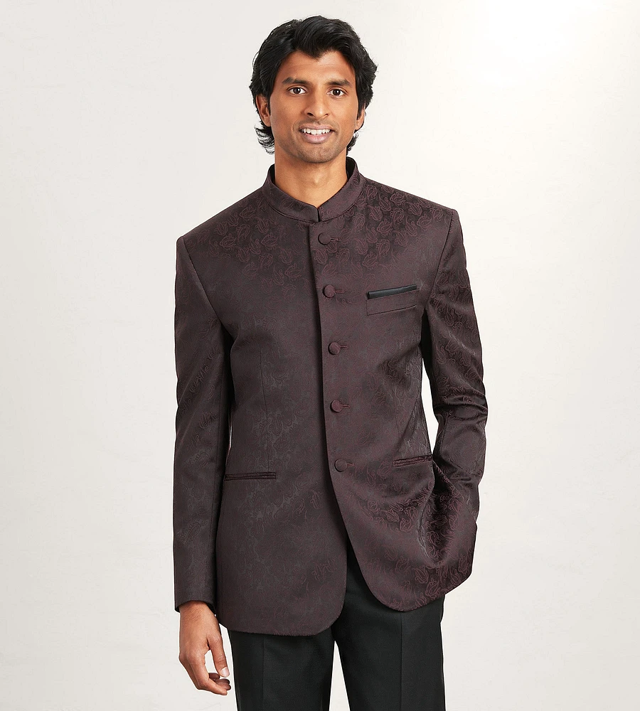Modern Fit Burgundy Jacquard Nehru Suit Jacket