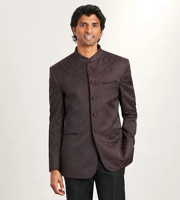 Modern Fit Burgundy Jacquard Nehru Suit Jacket