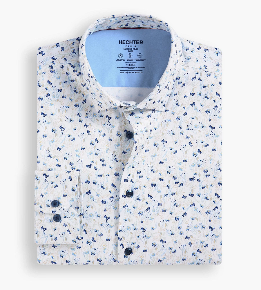 Slim Fit 360° Stretch Soft Touch Botanical Print Jersey Dress Shirt
