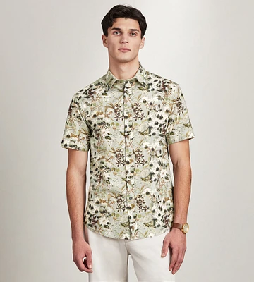 Modern Fit Short Sleeve Linen Like Floral Pattern Casual Shirt