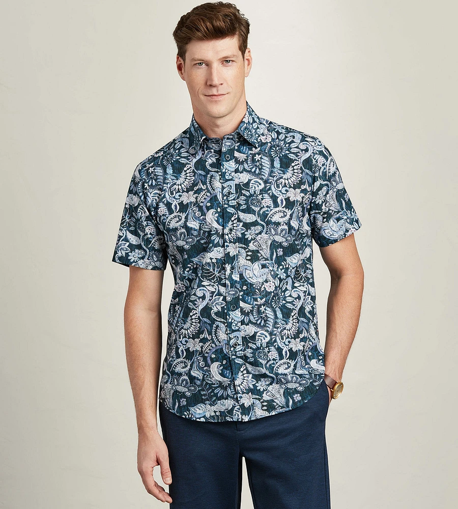 Modern Fit Short Sleeve Linen Like Floral Pattern Casual Shirt
