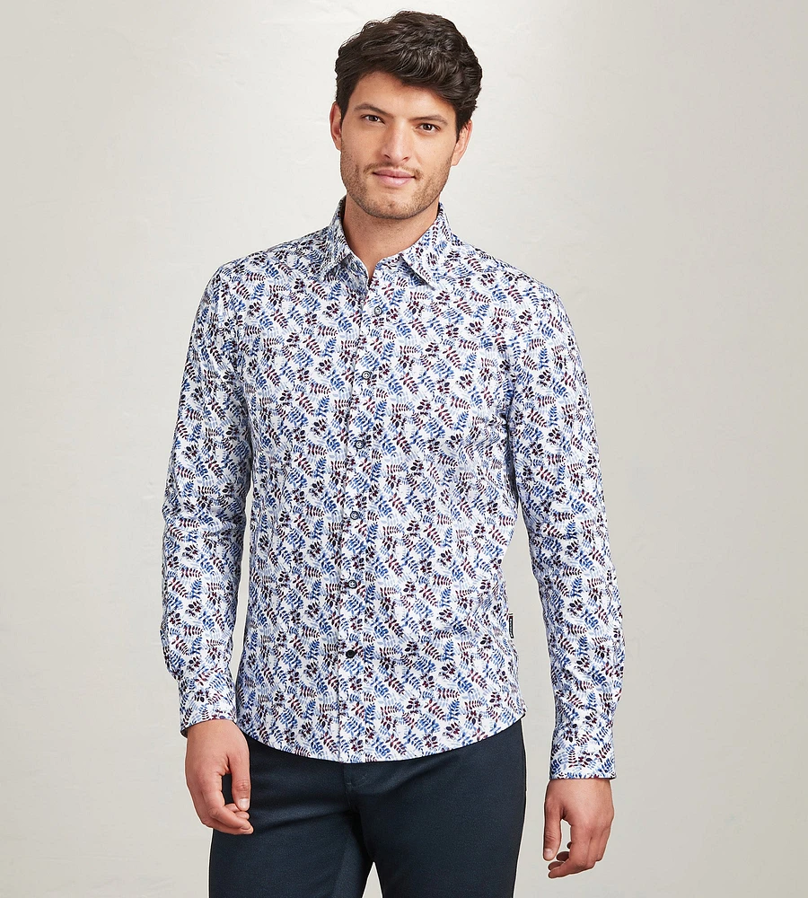 Modern Fit Long Sleeve Botanical Pattern 360 Stretch Casual Shirt