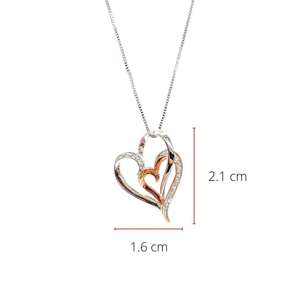 10K White & Rose Gold 0.035cttw Diamond Double Heart Pendant, 18"