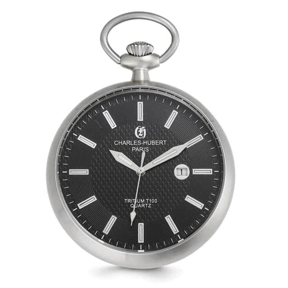 Charles Hubert Stainless Steel Open Face Tritium Quartz Pocket Watch