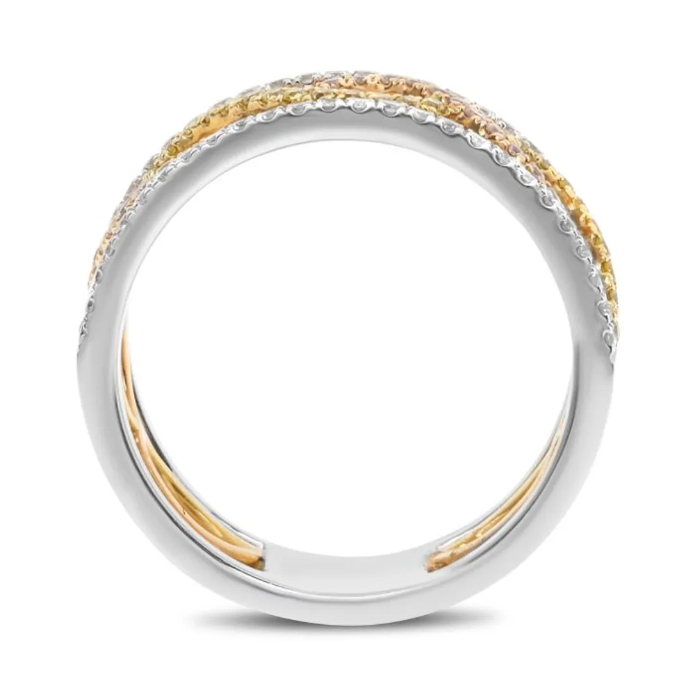 14K Tricolor Fancy Yellow, Pink and White Diamonds Wave Wedding Band