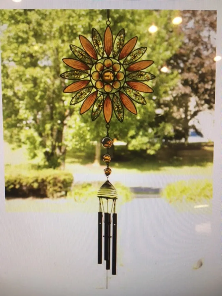 Black Metal & Glass Orange Flowers with Sunflower Windchime