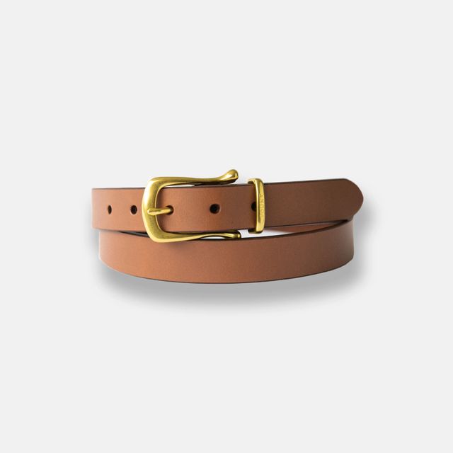 Womens Narrow Tan Leather Belt Solid Brass Buckle - Champion Chase