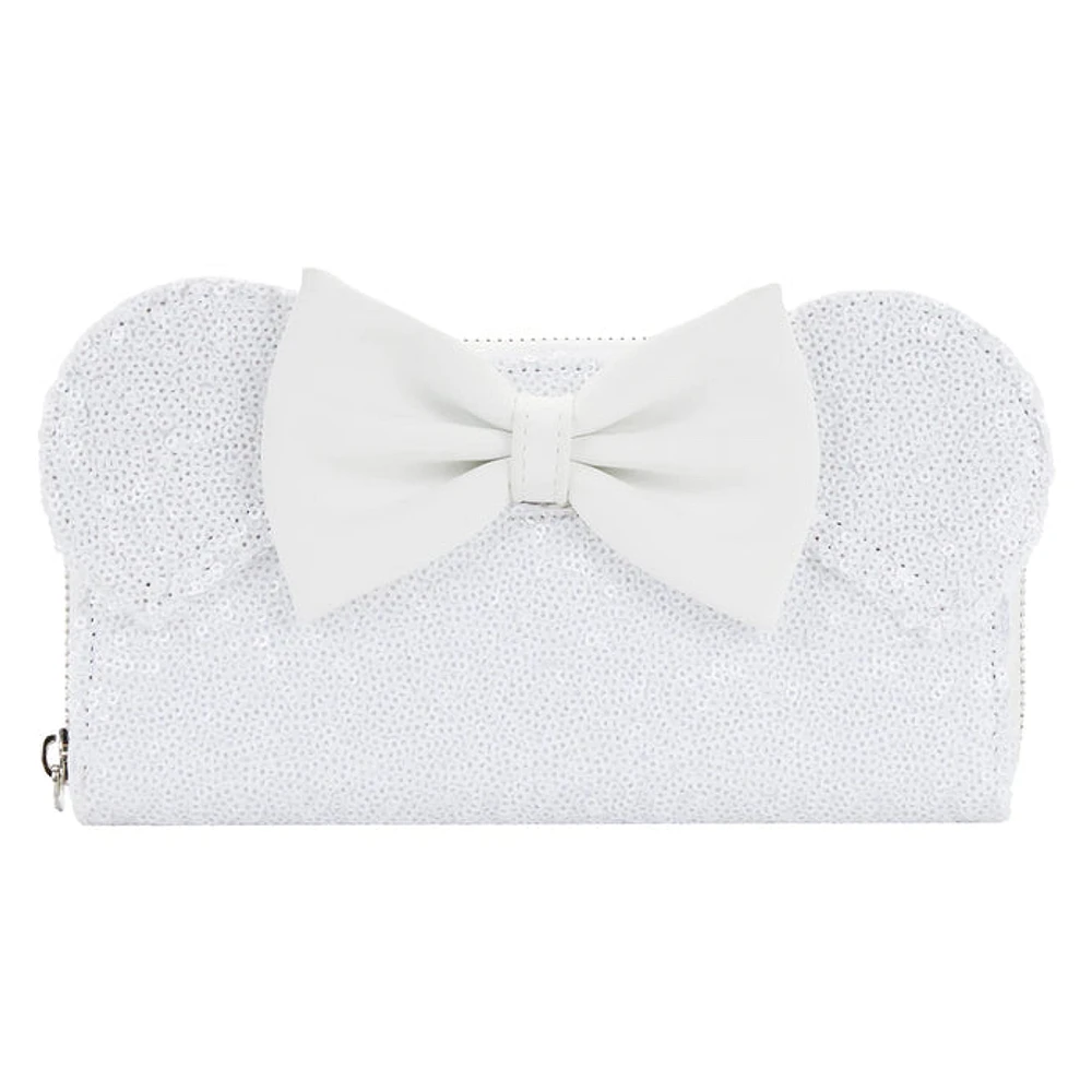 LOUNGEFLY DISNEY MINNIE MOUSE SEQUIN WEDDING WALLET / ZIP PURSE NWT WHITE