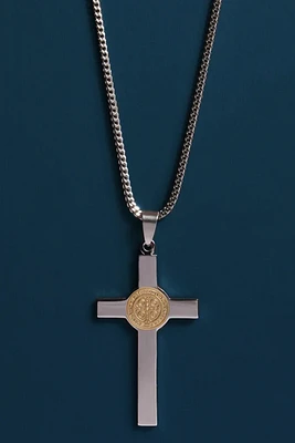 Large St Benedict Stainless Steel Cross Necklace 22"