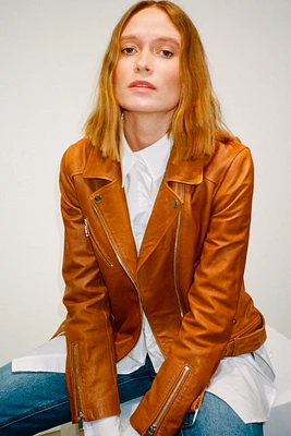 Mayfair Leather Biker Jacket | Camel