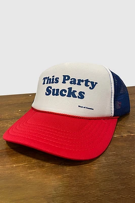 This Party Sucks Curved Trucker | Red, White, Blue