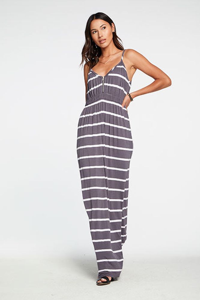 Jersey V Zip Maxi Dress | Stripe