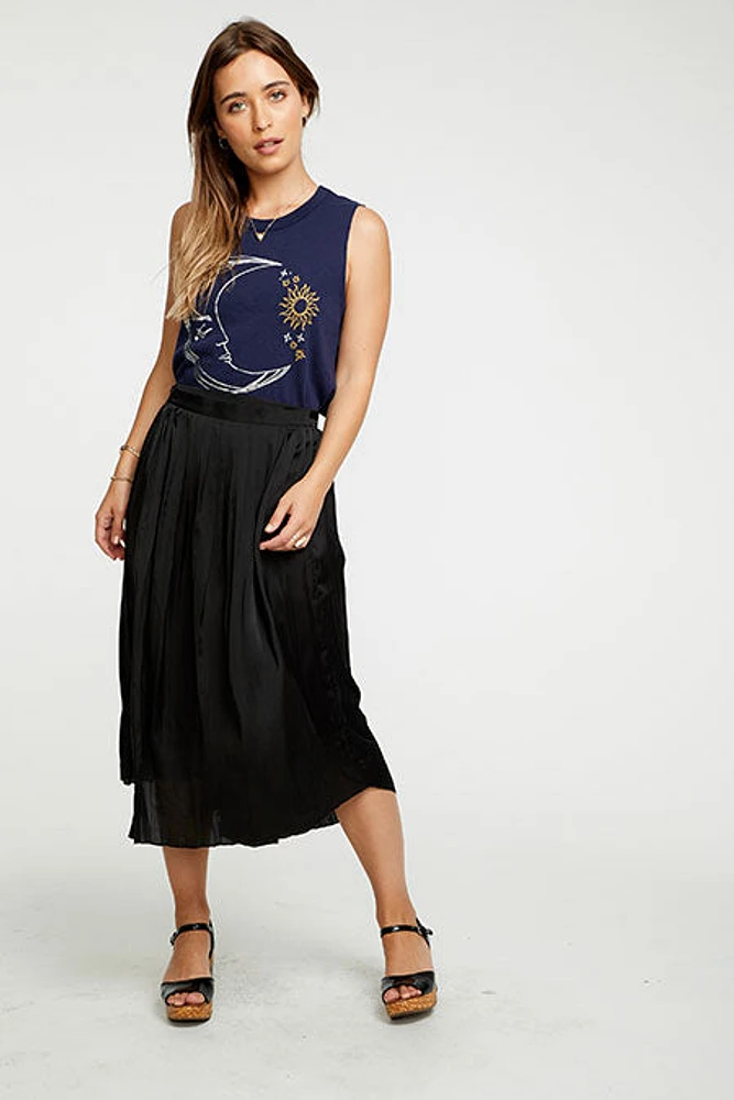 Silky Pleated Asymmetrical Midi Skirt | Black