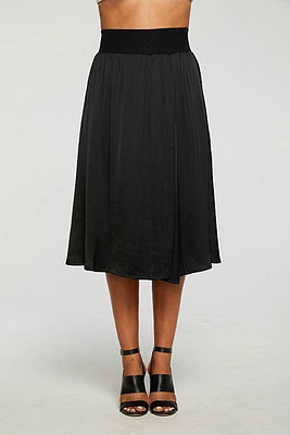 Silky Rib Waist Midi Skirt | True Black