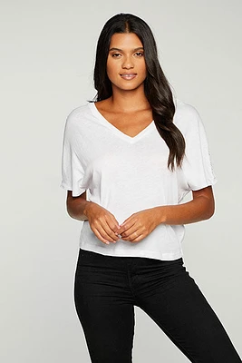 Mesh Yoke Double V Tee | White