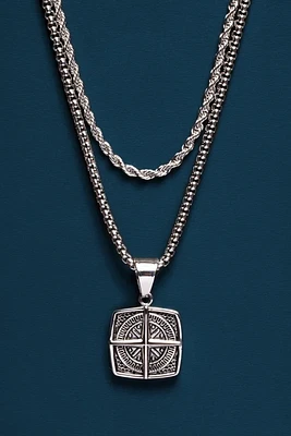 Silver Rope Chain And Compass Necklace 18"/20"