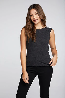 Rib Shirred Muscle Tank | Black