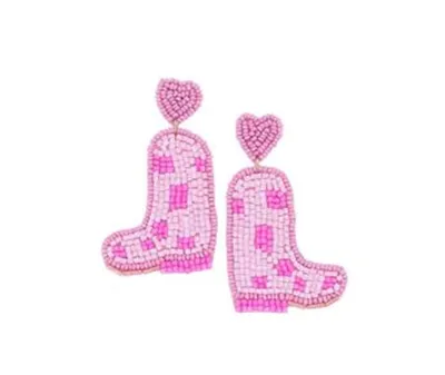 Pink Seed Bead Heart Post with Pink Cow Print Seed Bead Cowgirl Boots Earrings