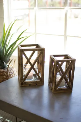 Set of Two Recycled Wooden Lanterns with Glass Insert