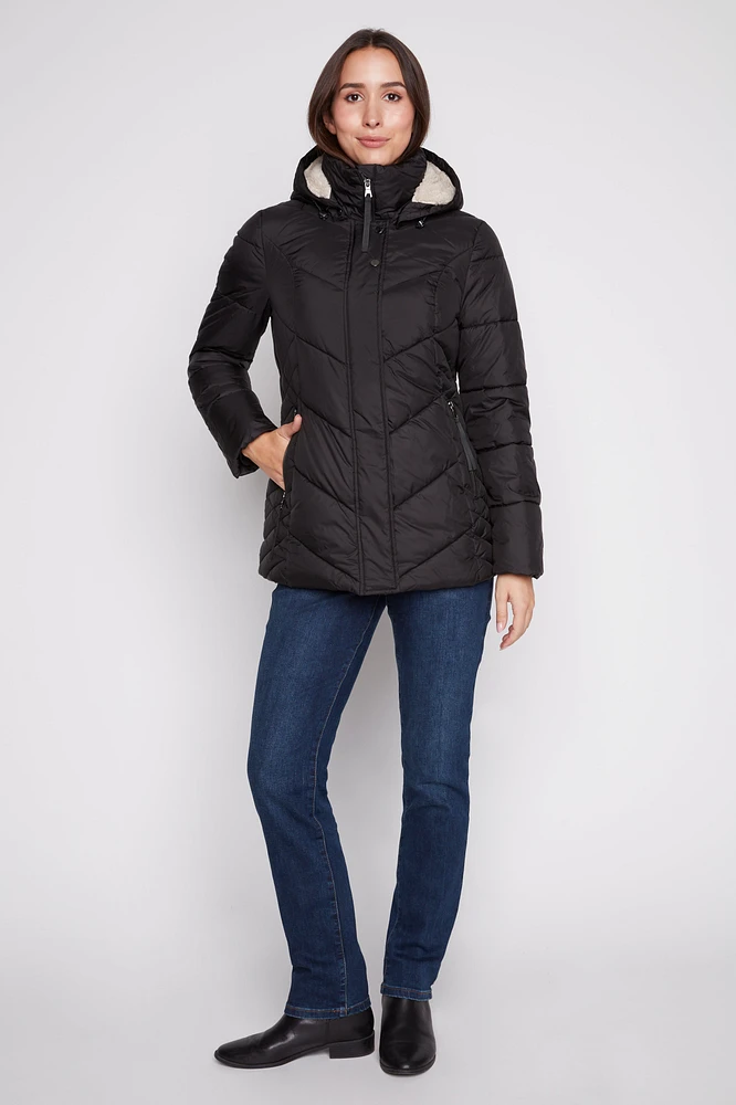 Quilted polyfill jacket with removable hood