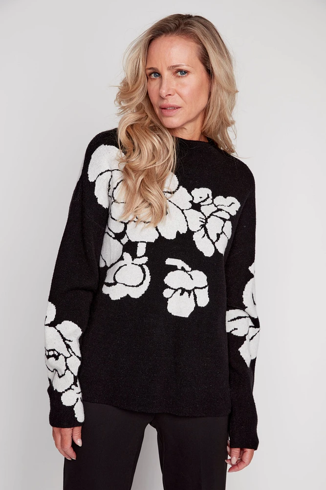 Floral jacquard funnel neck sweater