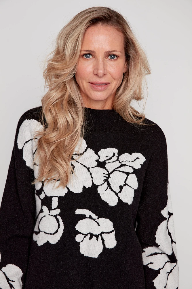 Floral jacquard funnel neck sweater