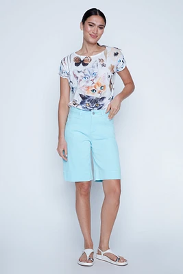 Wide leg colored denim bermuda