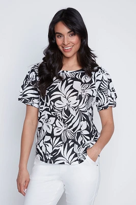 Printed linen blend top