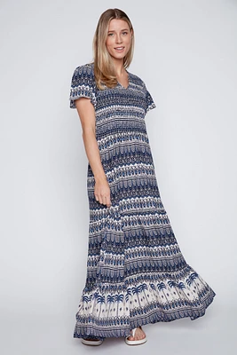 Ruched printed maxi dress