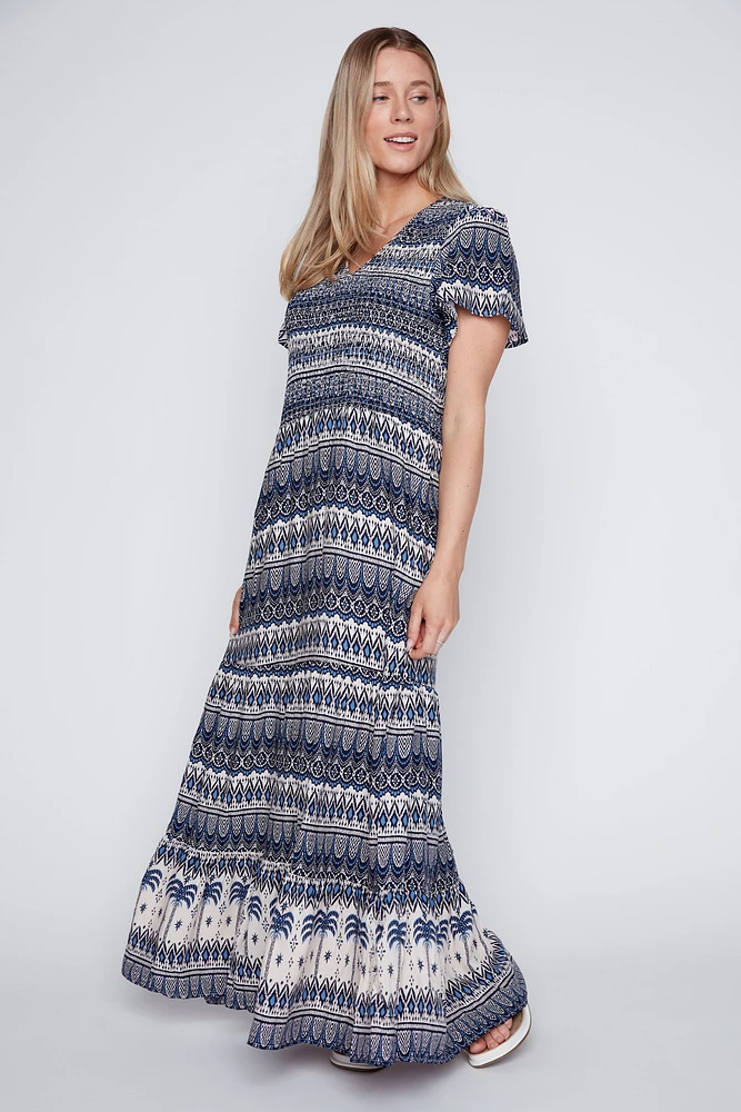 Ruched printed maxi dress