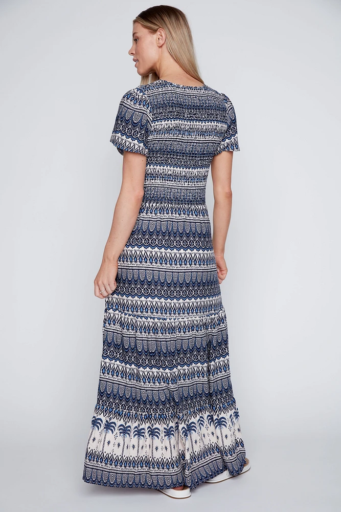 Ruched printed maxi dress