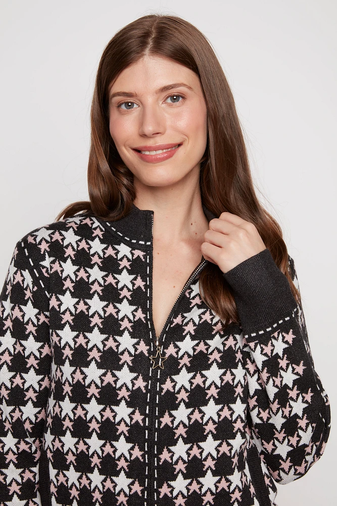 Star pattern zip front cardigan