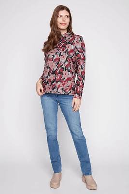 Abstract floral henley knit top