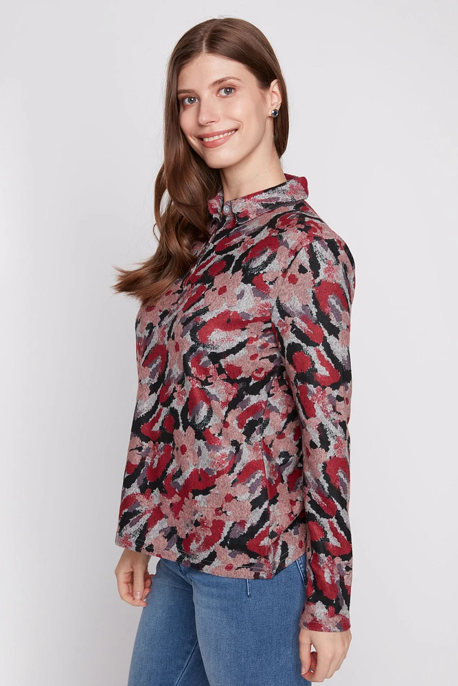 Abstract floral henley knit top