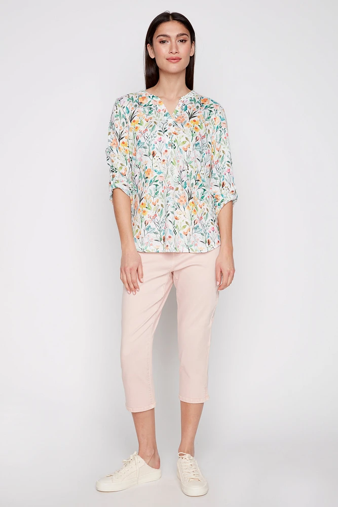 Henley floral print top