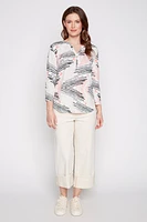 Henley abstract print textured top