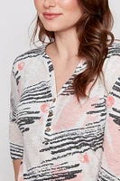 Henley abstract print textured top