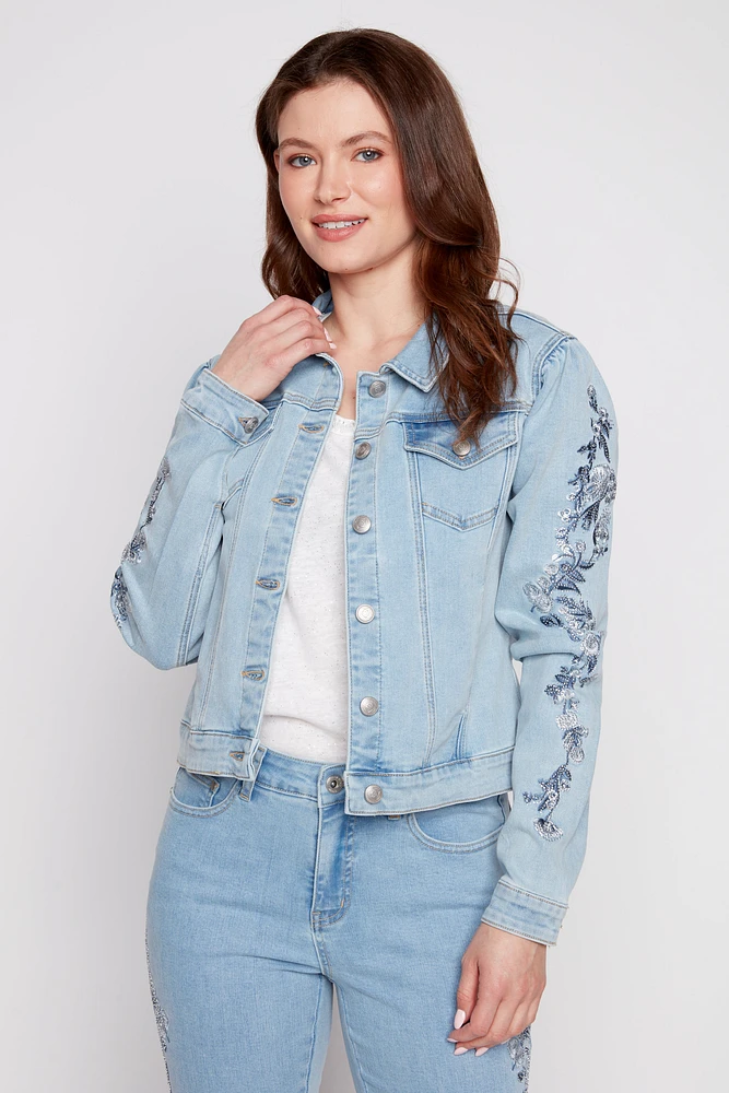 Floral embroidered sleeve jean jacket